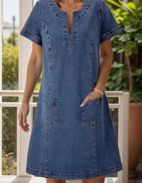 Load image into Gallery viewer, Full Size Notched Short Sleeve Denim Dress
