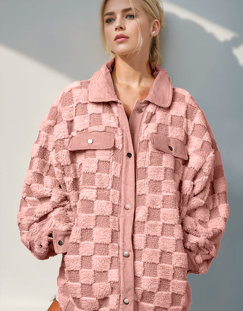 Load image into Gallery viewer, Double Take Button Up Fuzzy Checkered Shacket
