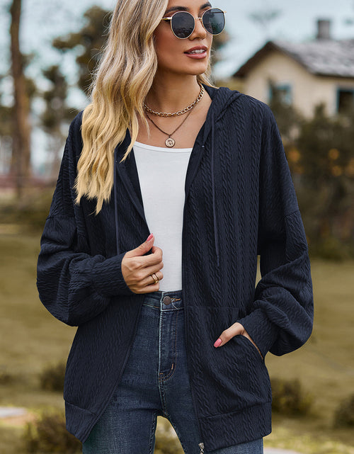 Load image into Gallery viewer, Drawstring Zip Up Dropped Shoulder Hoodie
