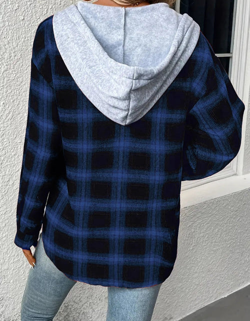 Load image into Gallery viewer, Plaid Drawstring Button Up Hooded Jacket
