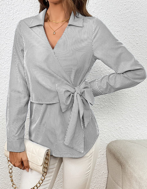 Load image into Gallery viewer, Ivy Lane Bow Tie Waist Johnny Collar Neck Striped Blouse
