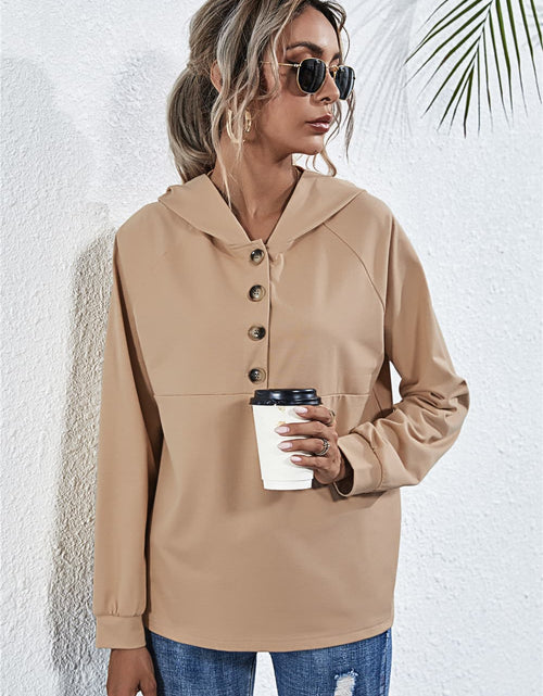 Load image into Gallery viewer, Buttoned Raglan Sleeve Hooded Blouse
