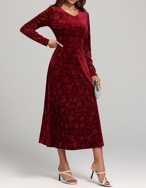 Load image into Gallery viewer, Flower Print V-Neck Long Sleeve Midi Dress
