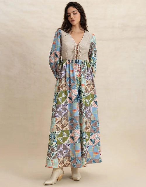 Load image into Gallery viewer, Tied Front Printed Long Sleeve Maxi Dress
