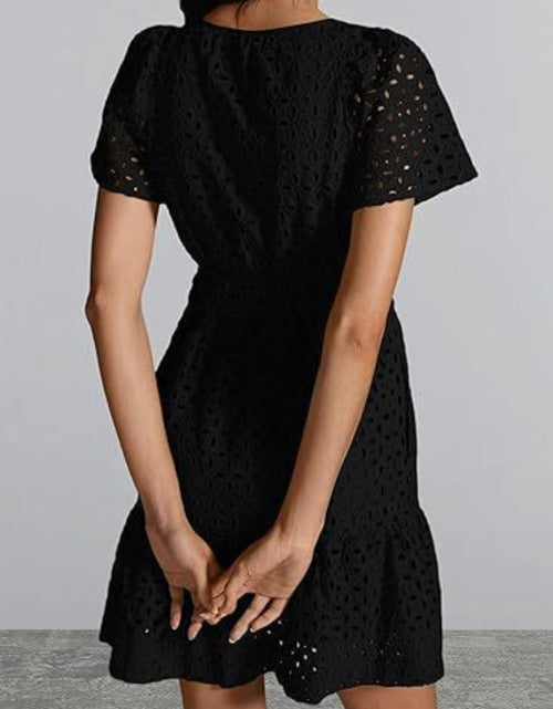 Load image into Gallery viewer, Eyelet Notched Short Sleeve Mini Dress
