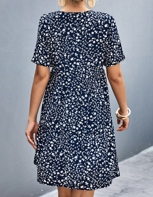 Load image into Gallery viewer, Ditsy Floral Empire Waist Plunge Short Sleeve Dress

