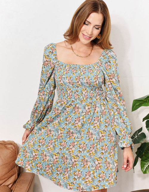 Load image into Gallery viewer, Honey Floral Smocked Flounce Sleeve Square Neck Dress
