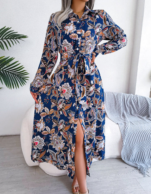 Load image into Gallery viewer, Tied Printed Long Sleeve Midi Dress
