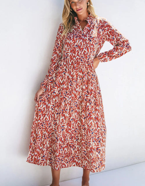 Load image into Gallery viewer, Printed Notched Long Sleeve Dress
