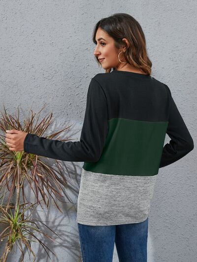 Load image into Gallery viewer, Color Block Round Neck Long Sleeve T-Shirt
