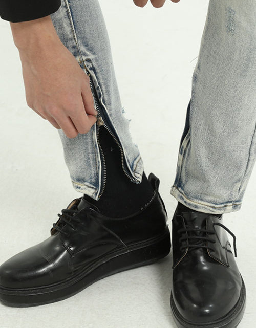 Load image into Gallery viewer, Pocketed Distressed Jeans with Side Zip
