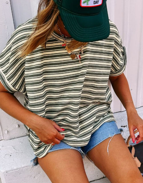 Load image into Gallery viewer, Stripe Textured Side Slit Crew Neck T-Shirt
