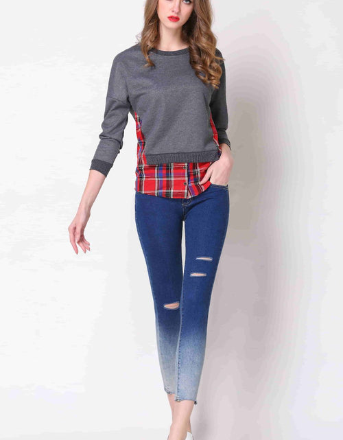 Load image into Gallery viewer, Full Size Plaid Patch Drop Shoulder Round Neck Top
