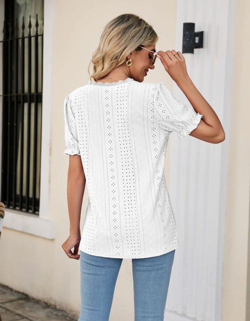 Load image into Gallery viewer, Eyelet Flounce Sleeve Scalloped V-Neck Top

