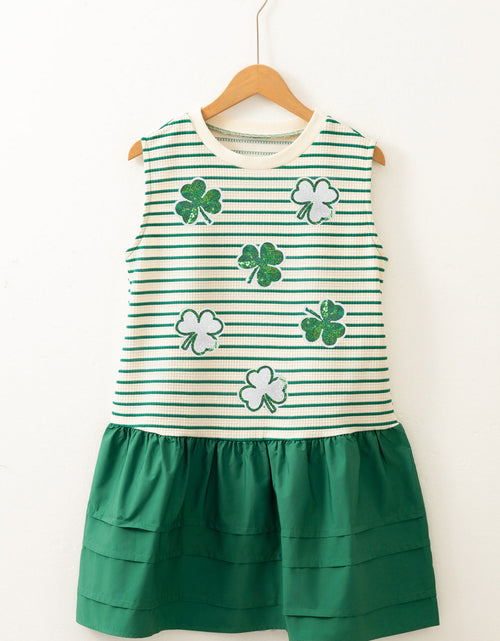 Load image into Gallery viewer, Stripe Sequin Clover Patched Contrast Mini Dress with Pockets
