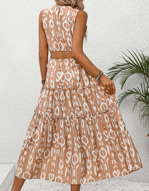 Load image into Gallery viewer, Perfee Frill Cutout Printed Round Neck Sleeveless Dress
