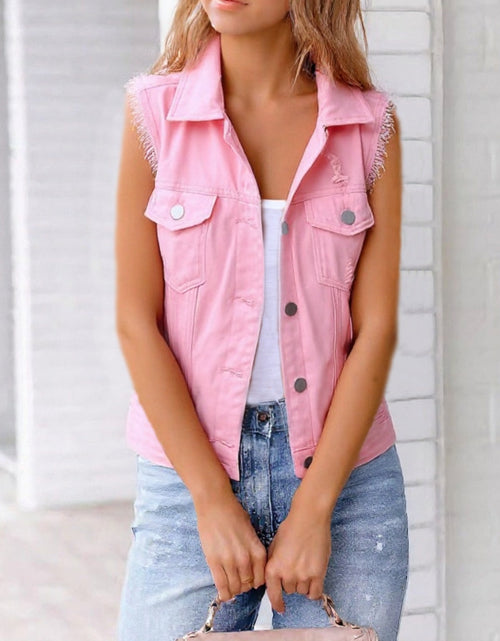 Load image into Gallery viewer, Full Size Button Down Raw Hem Sleeveless Denim Jacket Plus Size
