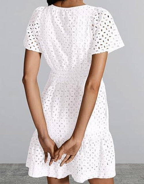 Load image into Gallery viewer, Eyelet Notched Short Sleeve Mini Dress
