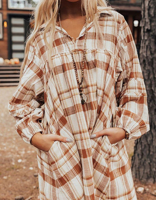 Load image into Gallery viewer, Plaid Collared Neck Long Sleeve Mini Shirt Dress
