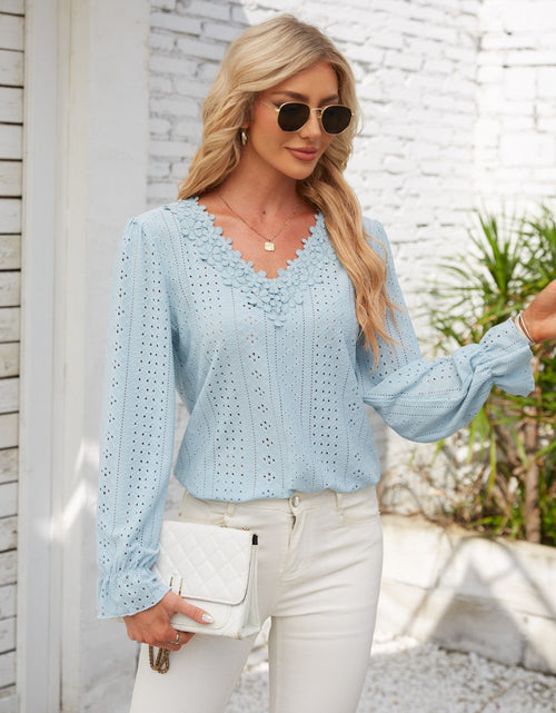 Load image into Gallery viewer, Applique V-Neck Flounce Sleeve T-Shirt

