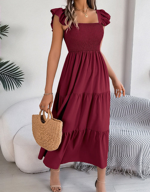 Load image into Gallery viewer, Smocked Square Neck Cap Sleeve Midi Dress
