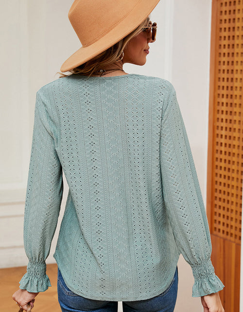 Load image into Gallery viewer, Eyelet V-Neck Flounce Sleeve T-Shirt
