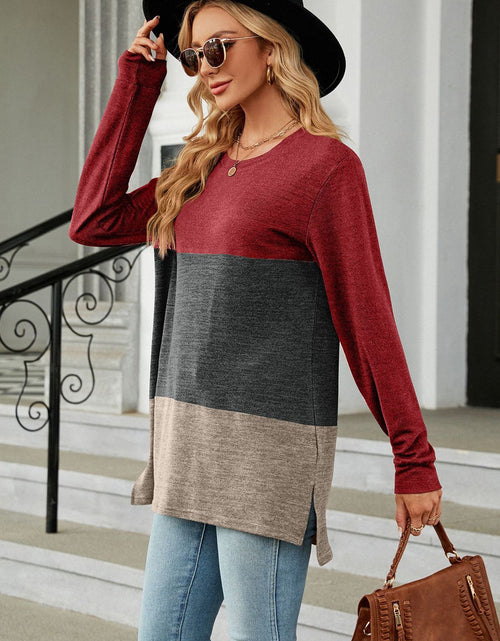 Load image into Gallery viewer, Color Block Round Neck Long Sleeve Slit T-Shirt
