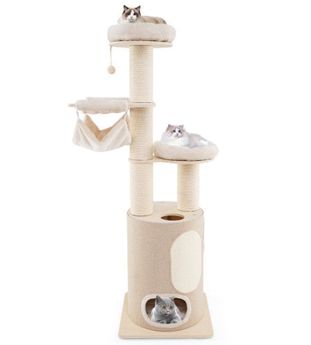 74 Inches Tall Wooden Cat Tower Tree with 2-Story Cat Condo and Washable Cushions-Natural