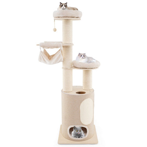 Load image into Gallery viewer, 74 Inches Tall Wooden Cat Tower Tree with 2-Story Cat Condo and Washable Cushions-Natural
