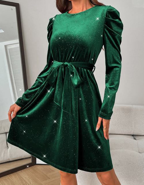 Load image into Gallery viewer, Glitter Round Neck Puff Sleeve Dress
