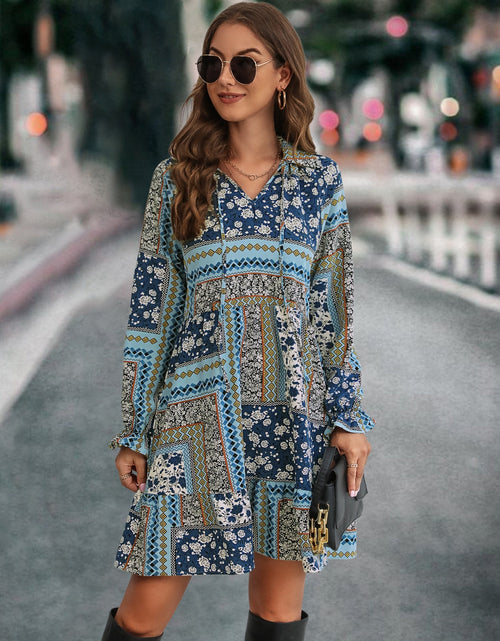 Load image into Gallery viewer, Printed Tie Front Flounce Sleeve Dress
