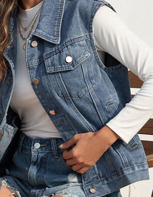 Load image into Gallery viewer, Collared Neck Sleeveless Denim Jacket
