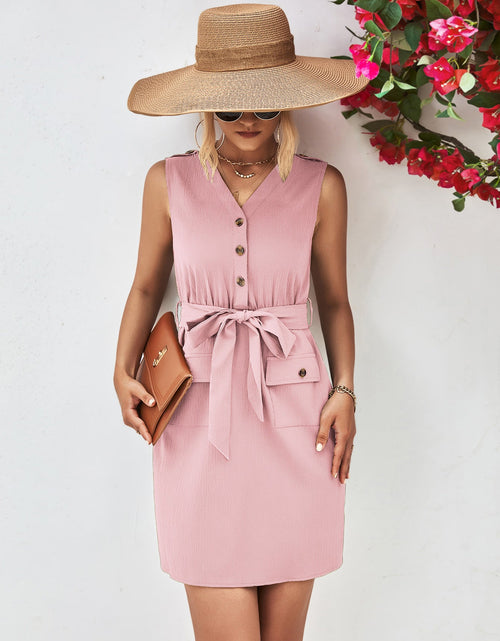 Load image into Gallery viewer, Buttoned V-Neck Belted Sleeveless Dress
