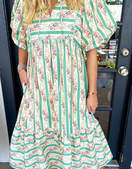 Load image into Gallery viewer, Striped Floral Print Tie Neck Puff Sleeve Midi Dress
