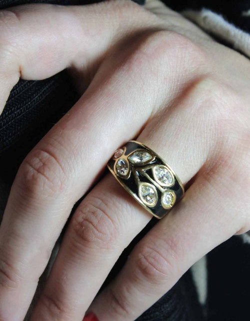 Load image into Gallery viewer, Vintage 1980's Black Enamel Ring with Clear Austrian Crystals Leaf Motif 18k Gold Plated by PVD Vintage Jewelry
