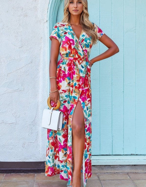 Load image into Gallery viewer, Printed Surplice Short Sleeve Tie Waist Maxi Dress
