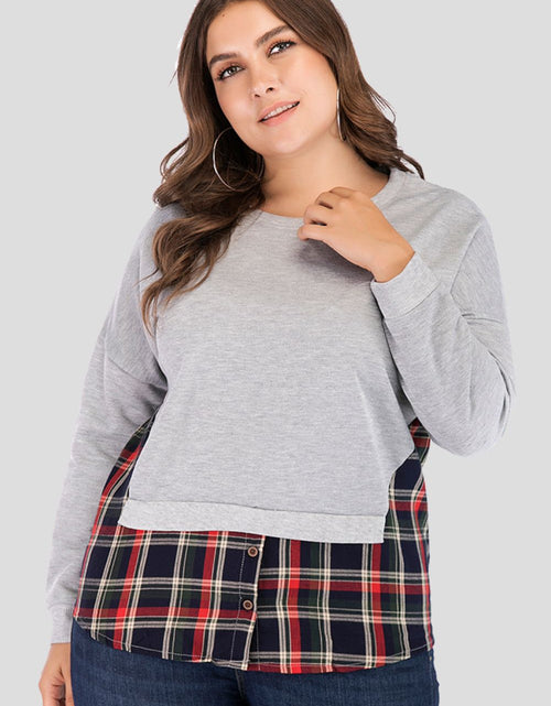 Load image into Gallery viewer, Full Size Plaid Patch Drop Shoulder Round Neck Top
