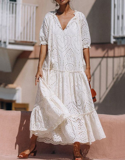 Load image into Gallery viewer, Tie Neck Half Sleeve Tiered Dress
