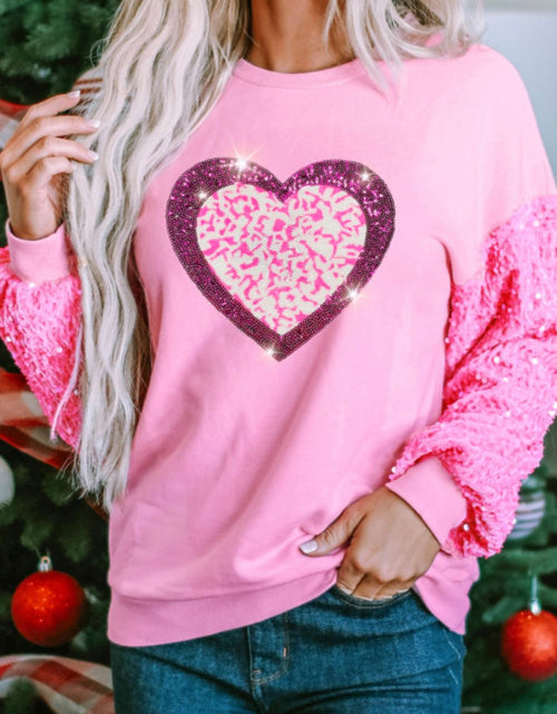 Load image into Gallery viewer, Valentine’s Day Sequin Heart Long Sleeve Sweatshirt
