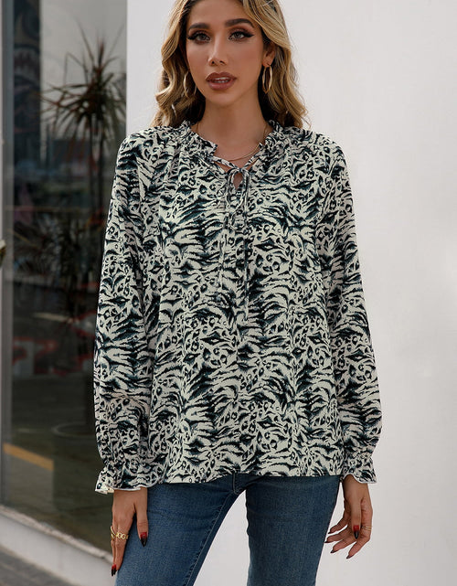 Load image into Gallery viewer, Ivy Lane Printed Tie Neck Frill Trim Flounce Sleeve Blouse
