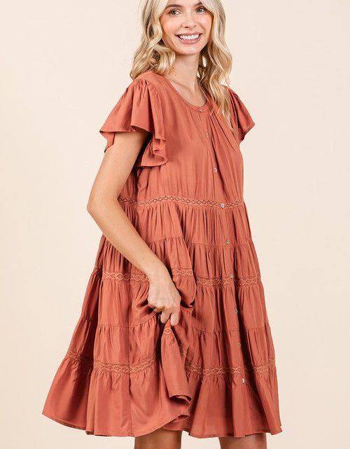 Load image into Gallery viewer, Mittoshop Lace Detail Ruffled Button Down Tiered Dress
