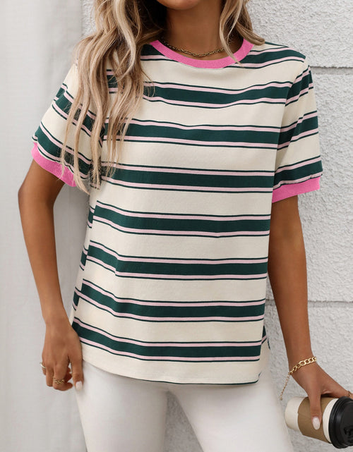 Load image into Gallery viewer, Contrast Striped Round Neck Short Sleeve T-Shirt
