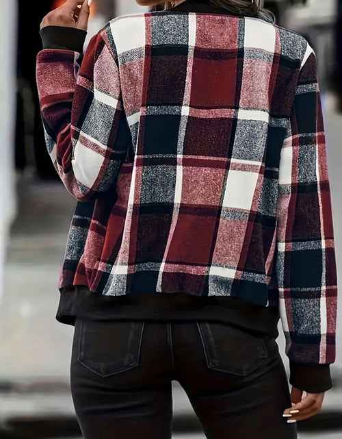 Load image into Gallery viewer, Plus Size Plaid Baseball Collar Zip Up Jacket
