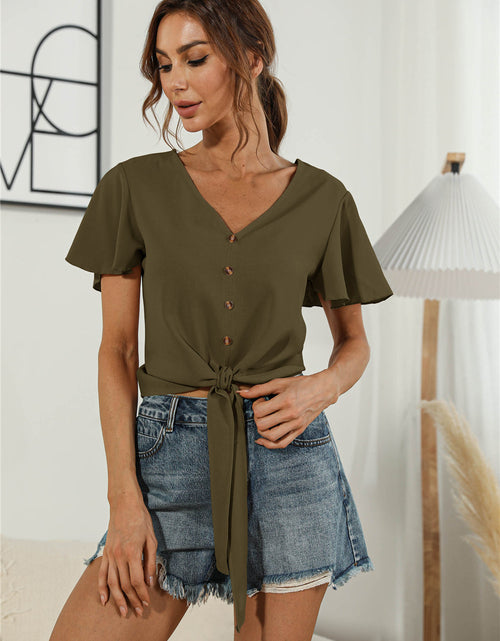 Load image into Gallery viewer, Decorative Button V-Neck Tied Blouse
