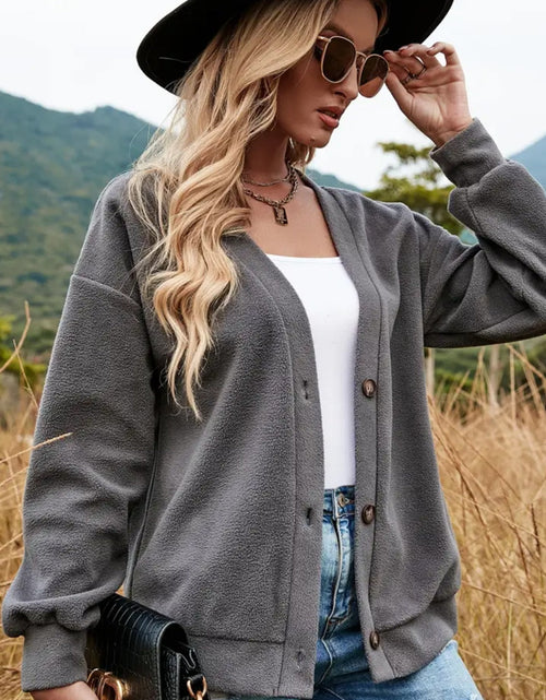Load image into Gallery viewer, Shiny Button Down V-Neck Dropped Shoulder Jacket

