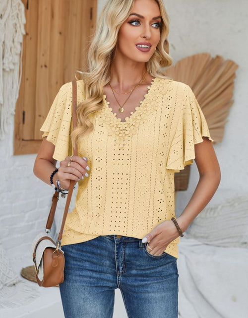 Load image into Gallery viewer, Eyelet Applique V-Neck Cap Sleeve T-Shirt
