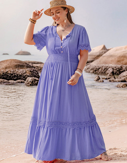 Load image into Gallery viewer, Plus Size Lace Detail Tie Neck Short Sleeve Maxi Dress
