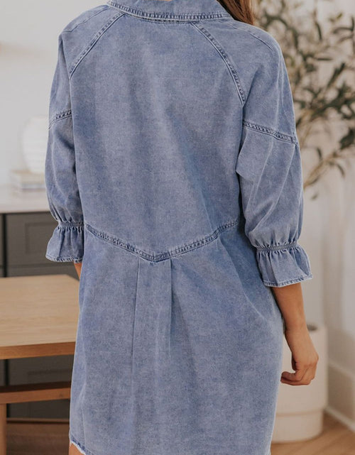 Load image into Gallery viewer, Distressed Collared Neck Flounce Sleeve Denim Dress
