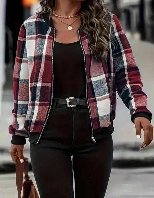 Load image into Gallery viewer, Plus Size Plaid Baseball Collar Zip Up Jacket
