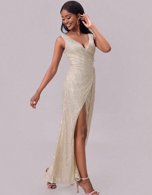 Load image into Gallery viewer, Slit Sequin Surplice Sleeveless Maxi Dress
